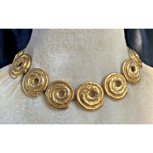 Vintage Swirl Espiral Choker Wide Necklace Gold Tone Modern Style Textured